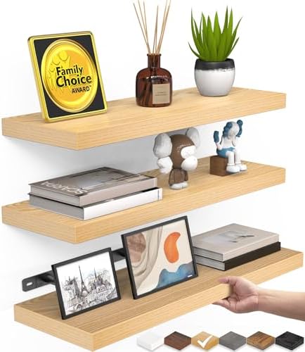 BAYKA Light Oak-Toned Floating Shelves 15.7in, Set of 3, Wall Mounted Shelf by Bayka