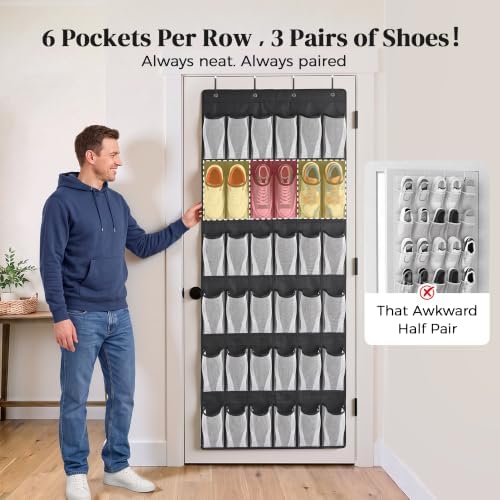36 Pockets Over the Door Shoe Organizer for Men, Large Size 13+ Deep Pocket Rack, 6-Column Heavy Duty Shoe Storage for Sneakers Boots, Behind Door Closet Entryway, Black - Image 5