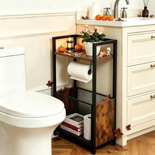 Toilet Paper Holder Free Standing, Black Toilet Paper Holder Stand, Freestanding Toilet Paper Holder for Bathroom Tissue Holder Roll Holder, Magazines, Wipes - Image 2
