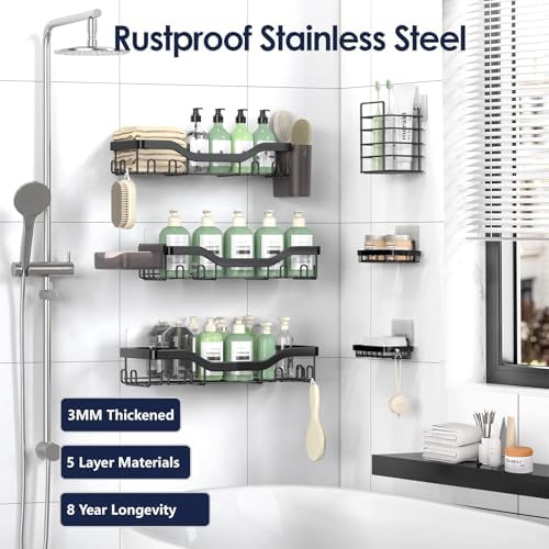 NESOMI Shower Caddy Adhesive Shower Organizer 8-Pack, Rustproof Stainless Steel Bathroom Shelves, Large Capacity No-Drill Rack Storage Accessories with Soap Dish Toothbrush Holder Hooks - Image 5
