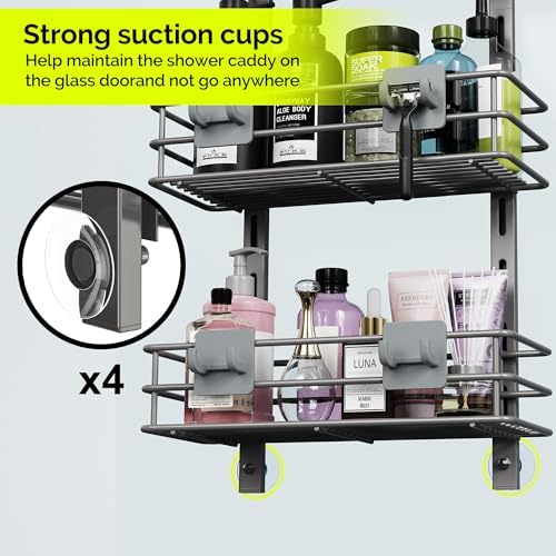 Orimade Over The Door Shower Caddy Adjustable 4 Tier Dark Grey,Bathroom Hanging Organizer Shelf Rustproof with 4 Hooks,Shower Basket with Soap Holder and Suction Cup - Image 7
