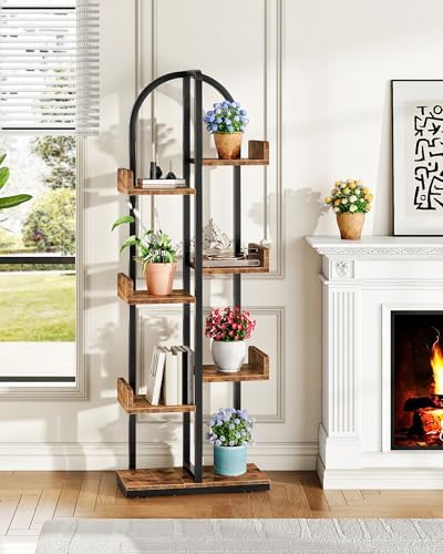 CHOEZON Corner Bookshelf, Curved 6-Tier Bookcase with Anti-Tip Kit, Adjustable Feet and Staggered Shelves for Living Room, Bedroom, Study, Office, Rustic Brown and Black TSJ06BF - Image 5