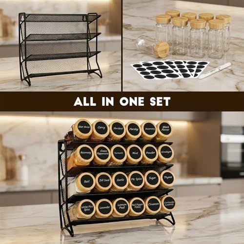 DIDITIME Spice Rack Organizer with 24 Glass Jars and 60 Labels, 4-Tier Seasoning Organizer for Cabinet, Countertop, Pantry or Wall Mount, Rust-Resistant Carbon Steel Spice Jar Set with Marker - Image 5