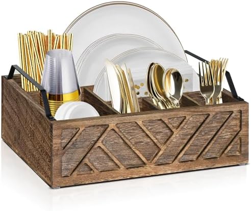 Ukonvi Flatware Organizers Paper Plate Dispenser with Handles, Paper Plate Holder for Kitchen Counter, Wood Rustic Silverware Utensil Caddy, Brown by Ukonvi