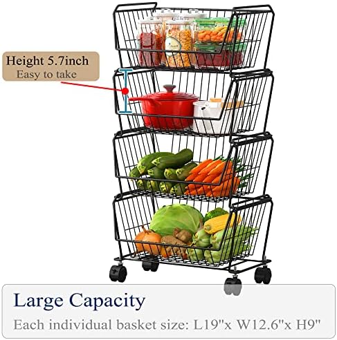 PUSDON 4-Tier Large Stackable Wire Storage Baskets with Wheels, Metal Rolling Utility Cart Organizer, Produce Basket for Kitchen Pantry, Floor Shelf, Matte Black - Image 2