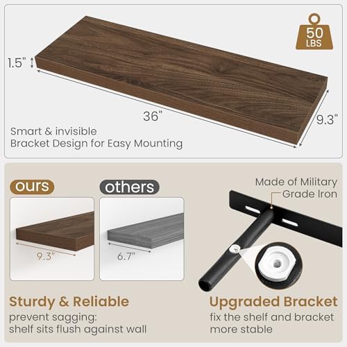 36 Inch Long Floating Shelves for Wall, 9.3 Inch Deep Floating Shelf with Heavy-Duty Bracket, 2 Pack Long Shelves for Bathroom, Living Room, Bedroom, Wall Mounted Storage Shelf for Books Decor, Walnut - Image 3