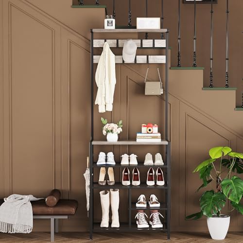 GiftGo Vintage Large 5-Tier Hall Tree with Console Table Entryway Coat Rack Floor Standing Shoes Rack Storage Shelf Organizer for Home Office Bedroom (Greige) - Image 4