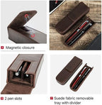 Top Grain Genuine Leather 2 Pen/Pencil Tray Case Holder, Vintage Design No Trademark, Handmade, Magnetic Closing with Drawer Design, Gift Choice for Man/Woman/Office, Matte Coffee, 2 Slots - Image 6