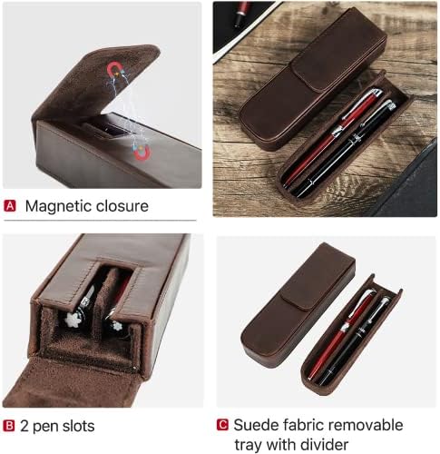 Top Grain Genuine Leather 2 Pen/Pencil Tray Case Holder, Vintage Design No Trademark, Handmade, Magnetic Closing with Drawer Design, Gift Choice for Man/Woman/Office, Matte Coffee, 2 Slots - Image 6