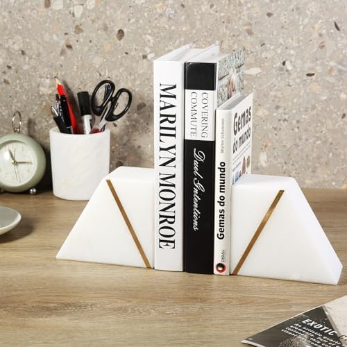 Natural Marble Bookends for Shelves, Decorative Book Ends for Heavy Books, Heavy Duty Mid Century Modern White and Gold Stone Book Holders with Brass Inlay, Unique Bookshelf Stopper Decor, Set of 2 - Image 6