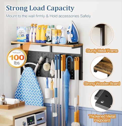 Ironing Board Hanger Wall Mount, Large Storage Iron and Ironing Board Holder, Laundry Room Storage Shelves with Ironing Board Broom Mop Holder, Laundry Accessories Organization and Storage Organizer - Image 4