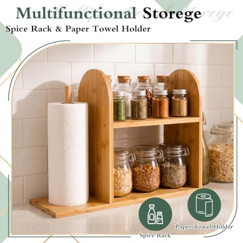 Leinuosen 2 Tier Bamboo Spice Rack Organizer with Paper Towel Holder - Image 3
