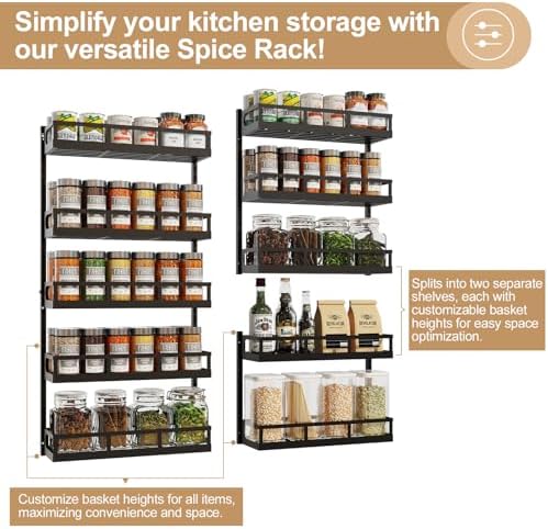 X-cosrack Wall Mount Spice Rack Organizer 5 Tier Height-Adjustable Hanging Spice Shelf Storage for Kitchen Pantry Cabinet, Dual-Use Seasoning Holder Rack with Hooks, Black-Patented - Image 4