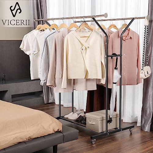 VICERII Clothing Rack, Heavy Duty Clothes Racks with Wheels and Bottom Shelf, 52.36’’ Metal Double Clothing Racks with Wheels, Wardrobe Rack for Hanging Clothes, Coats, Shirts, Skirts, Dresses, Black - Image 2