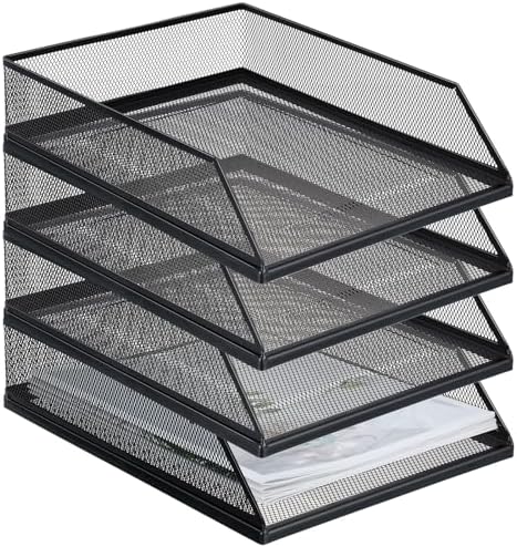 Hicarer 4 Pcs Black Metal Letter Tray Stackable Desk Tray Single Wire Mesh Organizer Front Load File Paper Holder for Desktop Office Home School Classroom (12.8 x 9.84 Inch) by Hicarer