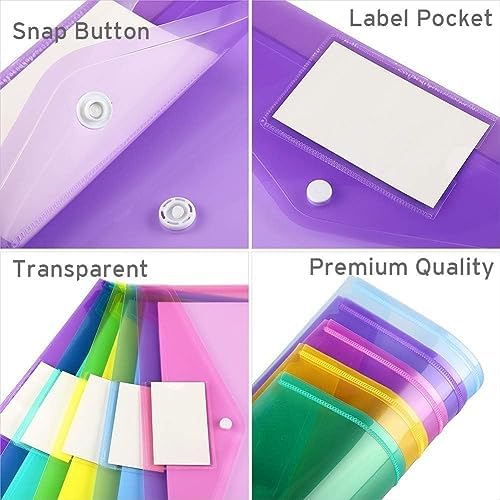 Sooez 48 Pack Folders Plastic Envelopes, Clear Plastic File Folder for Document, Letter A4 Size Poly File Envelopes with Label Pocket, Snap Button for Home Work Office Organizer, 8 Assorted Colors - Image 4