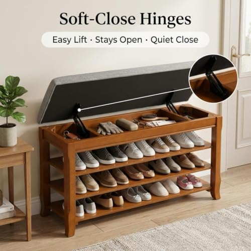SolidWood Entryway Shoe Rack Storage Bench, Flip-Top Soft-Close Lid, 39.4'' - Image 3