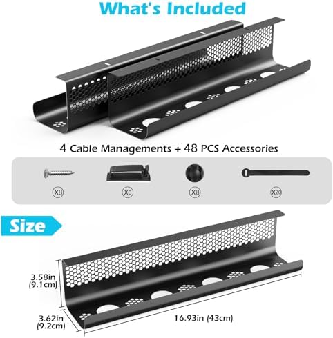 KHAMAL Cable Management Under Desk 52PCS - Cable Management Tray Kit Ventilated Hexagonal Design with Cable Clips, Wire Ties, Cord Holder & Screws for Office, Home - 4 Black Sets - Image 4