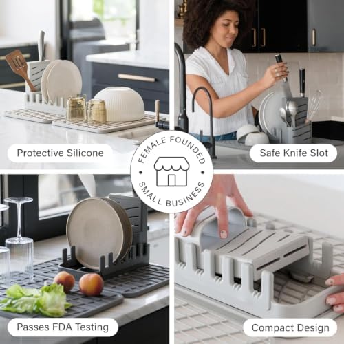 Dorai Home Collapsible Dish Drying Rack with Stone Dish Pad - Kitchen Counter Set with Diatomaceous Earth Stone Dish Mat for Quick Drying - Space-Saving Design - Large 24.6" x 16.5", Sandstone - Image 5
