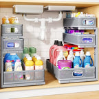 Under Sink Organizer, 3-Tier Thickened Metal Pull out Cabinet Organizer Shelf, Height Adjustable Slide out Storage Drawer Rack for Kitchen Bathroom Pantry Laundry Home Organization, 2-Pack, Grey by HERJOY