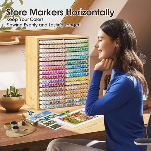 Marker Organizer for 288 Markers,Bamboo Wooden Desk Storage Organizer Rack,Markers Pens Pencils Art Brushes Storage Holder for Home Classroom Office Decor - Image 5