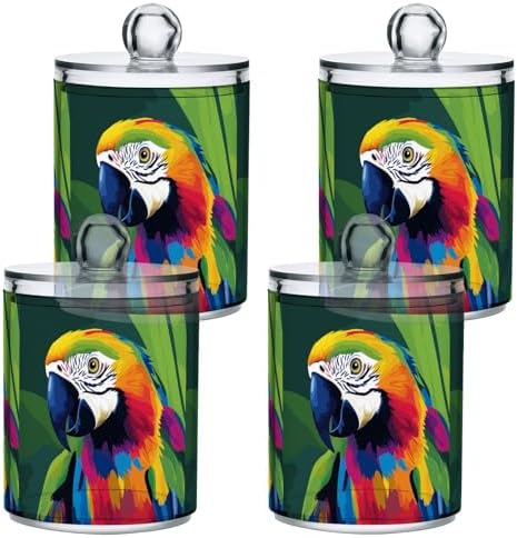 Fustylead 4 Pack Beautiful Parrot Animal Pop Art Style Plastic Apothecary Jars with Lid, Bathroom Vanity Storage Organizer Canister for Qtip, Cotton Ball, Swab, Round Pads, Floss by Fustylead