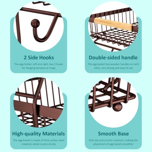 3 Tier Fruit Basket for Kitchen Counter with 2 Banana Hangers, Countertop Metal Fruit Bowl with Wooden Handle, Large Storage Stand for Vegetables, Snacks, Breads, Produce Storage – Brown - Image 4