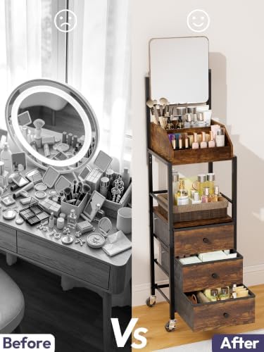 SWTYMIKI Makeup Organizer Cart with Mirror - Makeup Storage Vanity Dresser with Non-Woven Drawers, 360° Rotating HD Mirror, Rolling Organizer Cart for Skin Care Perfume Nail Polish Hair Tool Espresso - Image 3