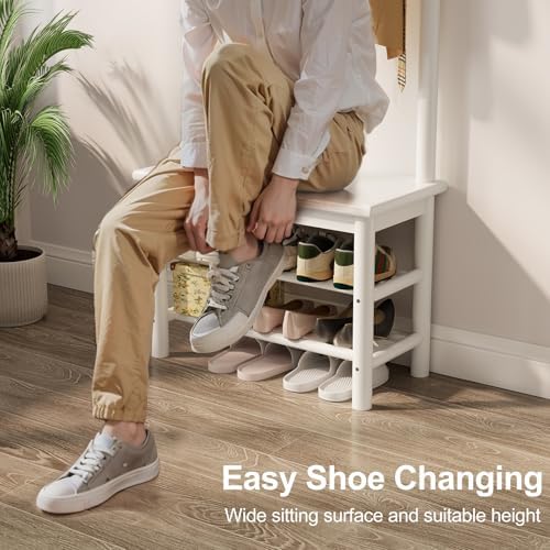 AQIMUELE Coat Rack with Shoe Storage, Narrow Wooden Hall Tree with Bench, 11 Hooks and 2-Tier Storage Shelves, 3-in-1, Entryway Bench with Coat Rack (23.6"-Deep White) - Image 6