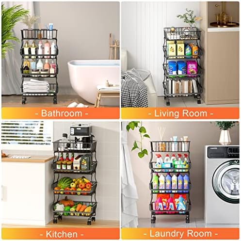 Gsiekare Fruit Vegetable Basket for Kitchen, 4 Tier Stackable Metal Wire Storage Basket Organizer Baskets with Rolling Wheels, Utility Rack for Kitchen, Pantry, Bathroom - Image 2