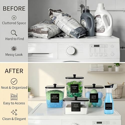 4+1 Pack Laundry Pods Containers & Dryer Sheet Holder & Laundry Detergent Dispenser, Laundry Room Organization and Storage Jars with Lids, Labels and Scoops for Scent Booster, Powder, Pods - Image 4
