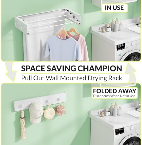 Foldable Wall Mounted Drying Rack, Stainless Steel Expandable Clothes Drying Rack with 6 Knobs, Heavy Duty Laundry Drying Rack for Apartment, Laundry Room, Balcony, 4 Thickened Rods - Image 2