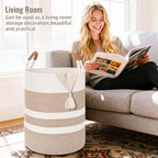 Large Laundry Basket, Laundry Hamper with Leather Handles, 90L Woven Dirty Clothes Hamper, Rope Hampers for Bedroom, Barthroom, Brown - Image 3