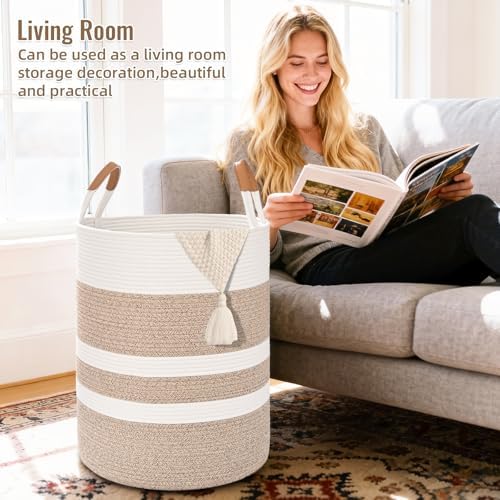 Large Laundry Basket, Laundry Hamper with Leather Handles, 90L Woven Dirty Clothes Hamper, Rope Hampers for Bedroom, Barthroom, Brown - Image 3