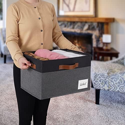 Large Storage Bins with Lids, Foldable Fabric Storage Baskets with Lids, Sturdy Storage Boxes with Labels and 3 PU Handles for Closet Home Bedroom Office (26L, 3 Packs, Grey&Black) - Image 2