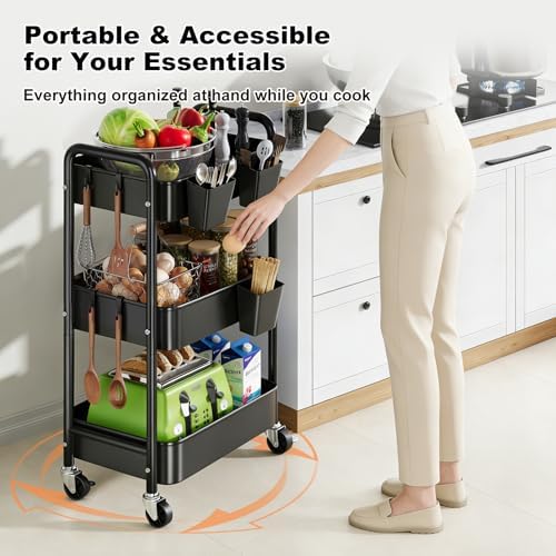 3 Tier Heavy Duty Metal Rolling Storage Cart Organizer with Wheels, Black - Image 5