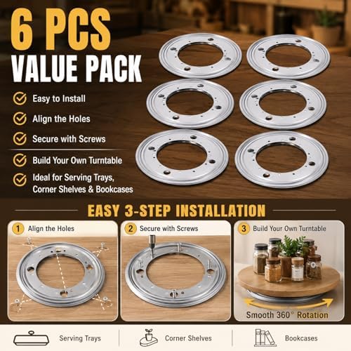 RHBLME 6 Pack 9 Inch Lazy Susan Hardware, 5/16" Thick Turntable Bearings, 1000Lbs Rotating Bearing Plate Heavy Duty Lazy Susan for Rotating Table, Corner Shelves, Book Case, Serving Tray - Image 4
