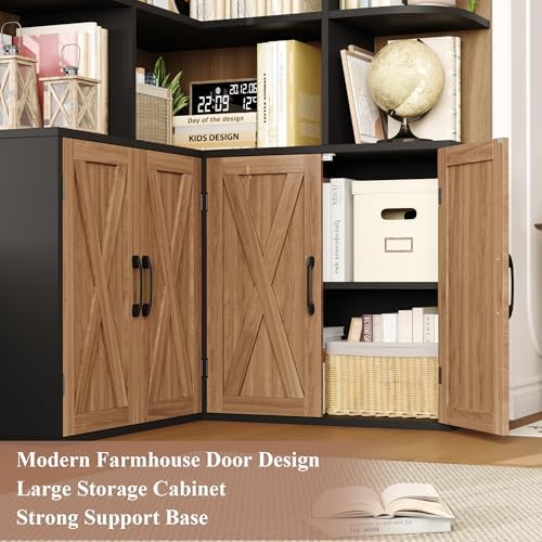 FINETONES 74" Tall Corner Bookshelf, Wooden Bookshelf with Doors - Image 6