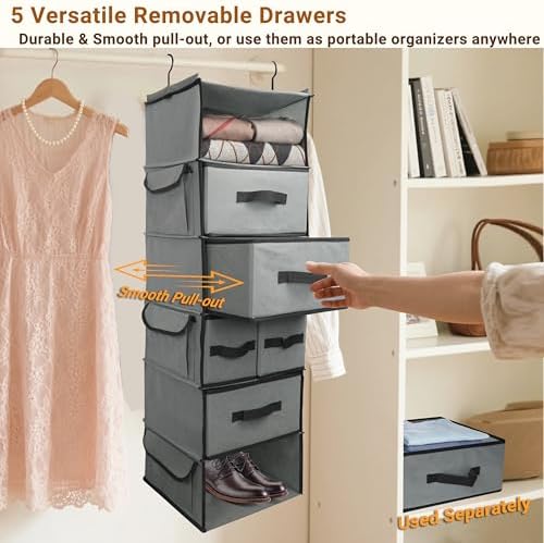 Durable 6-Tier hanging closet organizer with 5 Drawers & 3 Side Pocket,Thickened Fabric Hanging Shelves Holder with Sturdy Hook,Space-saving Storage Organization for Bedroom,Dorm,Guestroom,RV,Bathroom - Image 5