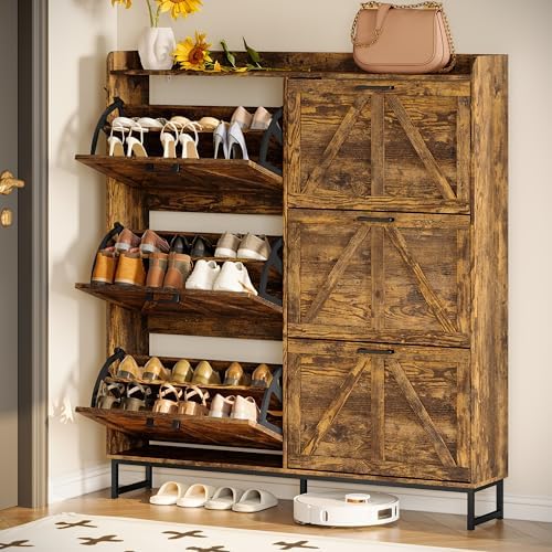 Wodeer Shoe Cabinet Storage for Entryway, Shoe Storage Cabinet with 6 Flip Drawers, Freestanding Narrow Shoe Rack Organizer with Metal Legs, Adjustable Shelves & Open Storage for Foyer, Hallway, Brown - Image 3