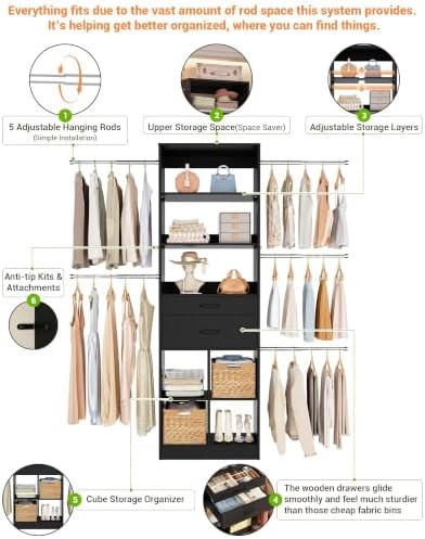 Besiost Small Closet System, 3.2-6.8FT Small Closets Organizer with 2 Wooden Drawers & 5 Hanging Rods, Can Fit 37.5 to 81.9 inch Walk-in Closet System, Black, Enclosed Storage Volume 2.32 ft³ - Image 4