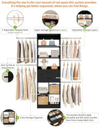 Besiost Small Closet System, 3.2-6.8FT Small Closets Organizer with 2 Wooden Drawers & 5 Hanging Rods, Can Fit 37.5 to 81.9 inch Walk-in Closet System, Black, Enclosed Storage Volume 2.32 ft³ - Image 4