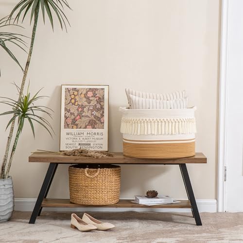 KAKAMAY Large Blanket Basket (20"x13"),Woven Baskets for storage Baby Laundry Hamper, Cotton Rope Blanket Basket for Living Room, Laundry, Nursery, Pillows, Baby Toy chest (White Fringe) - Image 6