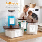 Acrylic Laundry Pod Containers and Dryer Sheet Holder & Glass Laundry Detergent Dispenser with Handle, Labels, and Spoons, for Laundry Room Organization and Storage (4 Pack, Brown) - Image 6