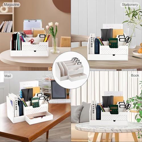 Wood Mail Organizer Countertop, 6 Compartments with Drawer, White - Image 6