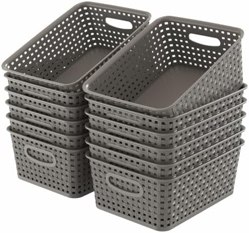 WYT 12-Pack Plastic Small Shelf Storage Weave Baskets for Organizing, Grey by WYT