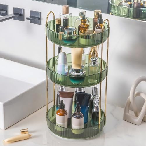 INVSSENE 360° Rotating Makeup Organizer, Bathroom Make Up Spinning Holder Rack, Large Capacity Cosmetics Storage Vanity Shelf Countertop, Fits Cosmetics, Perfume, Skincare(3 Tiers, Green) by INVSSENEORGANIZERS