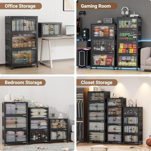 BROVIEW 240Qt Stackable Storage Bins with Lid, Extra Large Closet Organizer Collapsible Drawer Boxes with Wheels, Folding Plastic Cabinet Containers for Home Kitchen Room Organization, 3Pack Black - Image 5