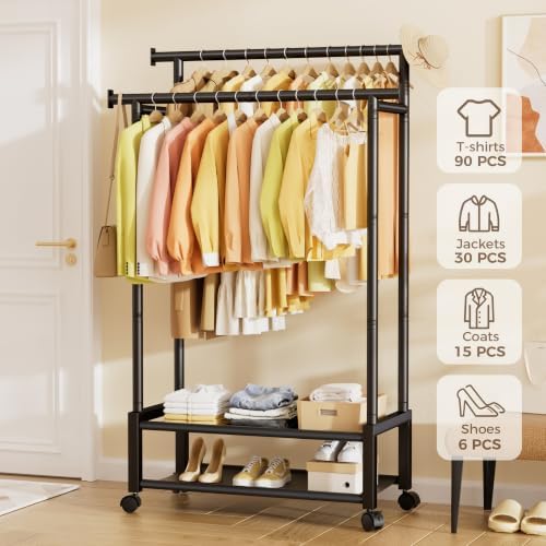 Double Rod Clothing Rack with 2 Shelves, Rolling, Black - Image 7