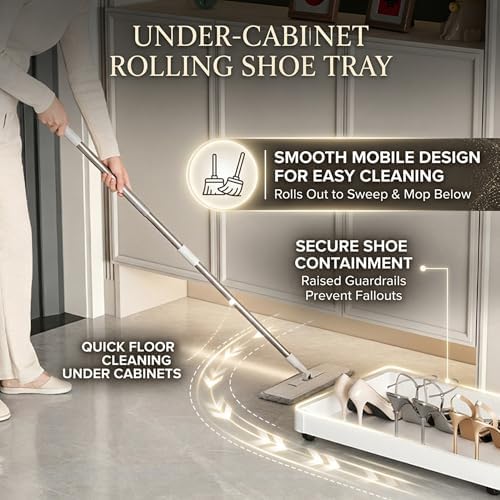 Rolling Under Cabinet Shoe Tray with Casters,Shoe Organizer for Entryway & Mudroom, Pull Out Sliding Under-Desk Boot Rack, Fits Clearance Space(White,L20.1xD12.2in) - Image 2